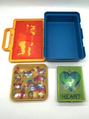 Vintage Tupperware Tuppertoys Blue Yellow Stencil Case Lot of 14 Stencils Toys